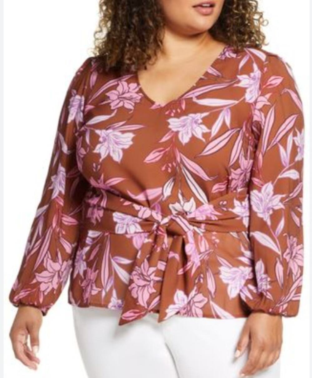 Eloquii VNeck Tie Waist Floral Blouse Pink Orange sz 18